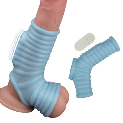 Light blue ribbed vibrating power sleeve penis enhancer with remote control and soft stretchy texture shown on model.