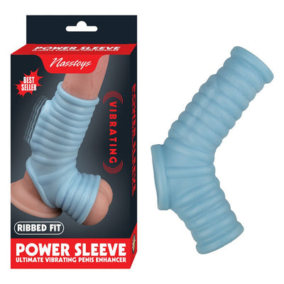 Blue ribbed vibrating penis enhancer sleeve with packaging showing product on a model.