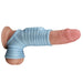 Blue ribbed vibrating penis enhancer sleeve shown fitted on a realistic model.