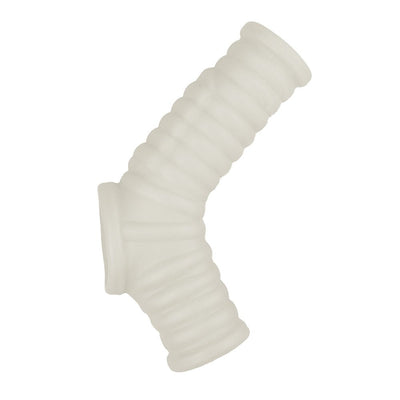 Translucent white ribbed vibrating penis enhancer sleeve with dual textured sections and a flexible design.