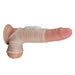 Ribbed, stretchy vibrating penis enhancer sleeve in flesh tone, designed to add girth and stimulation.