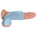 Blue vibrating power sleeve worn on a realistic penis model with testicle strap for enhanced girth and stimulation.
