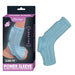 Blue vibrating power sleeve penis enhancer with sleek fit design shown next to its purple and black packaging.