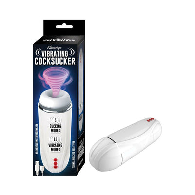 White Nasstoys Vibrating Cocksucker with control buttons and packaging highlighting suction and vibration modes.
