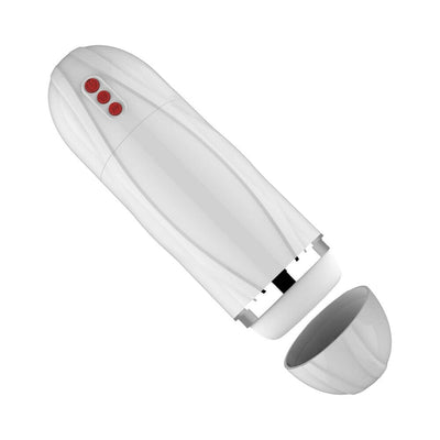 White sleek vibrating male pleasure device with red control buttons and removable cap on white background.