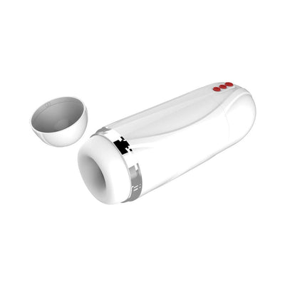White sleek vibrating cocksucker with removable cap and red control buttons on a white background.