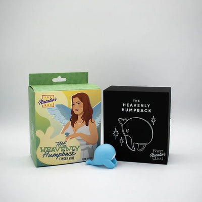 Blue whale-shaped finger vibrator with colorful packaging and black storage box from Natalie's Toy Box Heavenly Humpback collection.
