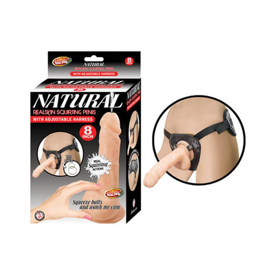 Packaging and product image of an 8-inch brown realistic squirting penis with adjustable black harness, showing usage and features.