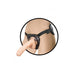 Adjustable black harness with realistic brown 8-inch squirting dildo on mannequin waist.