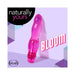 Pink translucent flexible vibrator with curved design, displayed on a lavender background with Naturally Yours branding.