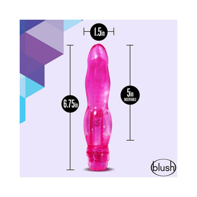 Pink Naturally Yours Bloom flexible vibrator with size dimensions on a purple geometric background