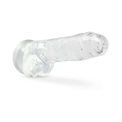 Clear 8-inch crystalline dildo with suction cup base, realistic texture, and flexible TPE material.