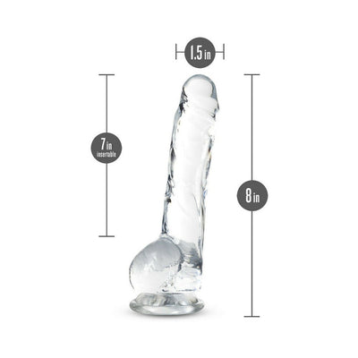 Clear 8-inch crystalline dildo with suction base, 1.5-inch width, and 7-inch insertable length shown with size measurements.