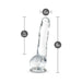 Clear 8-inch crystalline dildo with suction base, 1.5-inch width, and 7-inch insertable length shown with size measurements.