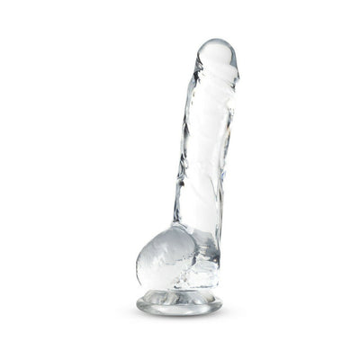 Clear crystalline 8-inch dildo with suction cup base, realistic texture, and smooth finish.
