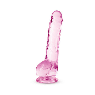 Translucent amethyst-colored 8-inch crystalline dildo with suction cup base standing upright on white background.