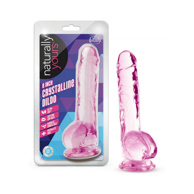 Naturally Yours 8-inch crystalline dildo in translucent amethyst with suction cup base and packaging.