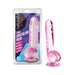 Naturally Yours 8-inch crystalline dildo in translucent amethyst with suction cup base and packaging.