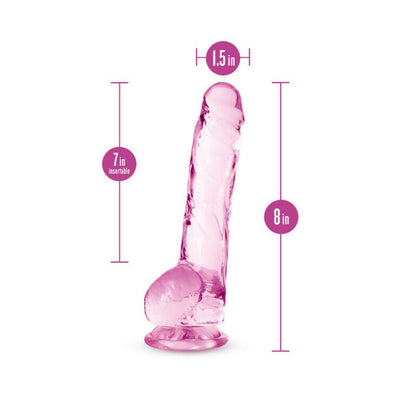 Translucent pink 8-inch realistic dildo with suction base, showing 7-inch insertable length and 1.5-inch width measurements.