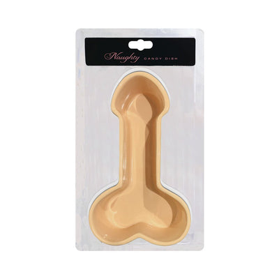 Beige novelty candy dish in playful shape, packaged in clear plastic with black label reading Naughty Candy Dish