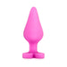Pink silicone anal plug with heart-shaped base, smooth satin finish, and tapered design for comfortable use.