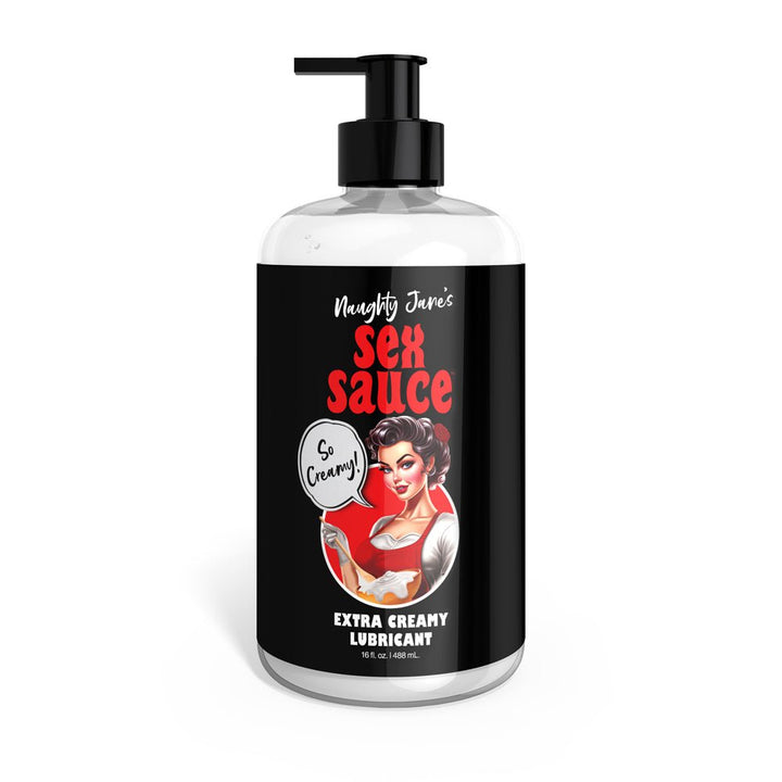 Bottle of Naughty Jane's Sex Sauce extra creamy lubricant with black label and vintage-style woman illustration, 16 oz pump dispenser.