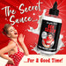 Retro style ad featuring Naughty Janes Sex Sauce Extra Creamy Lubricant bottle with splash and smiling woman in red polka dot dress