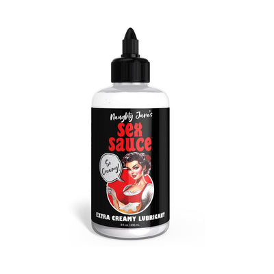 Bottle of Naughty Janes Sex Sauce extra creamy lubricant with black label and retro woman illustration.