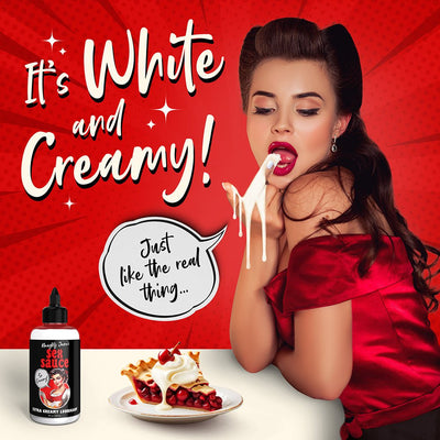Retro woman in red dress tasting creamy white lubricant with bottle and cherry pie on table against red background