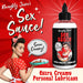 Bottle of Naughty Jane's Sex Sauce extra creamy personal lubricant with retro pin-up style woman holding a pie on red background