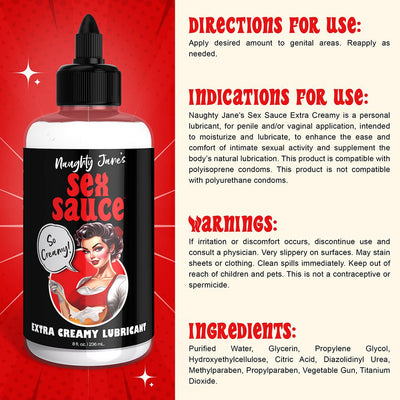 Bottle of Naughty Jane's Sex Sauce Extra Creamy Lubricant 8 oz with usage directions, warnings, and ingredients on a red background.