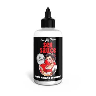 Bottle of Naughty Janes Sex Sauce Extra Creamy Lubricant with retro woman illustration on black label, 8 oz size.