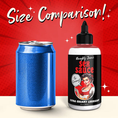 Size comparison image showing an 8 oz bottle of Naughty Janes Sex Sauce Extra Creamy Lubricant next to a blue soda can.