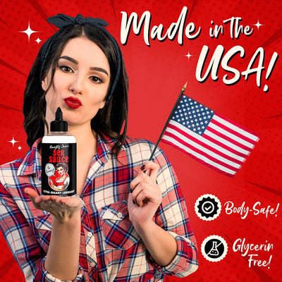 Woman in plaid shirt holding a bottle of Naughty Janes Sex Sauce Extra Creamy Lubricant and an American flag with product benefits text.