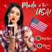 Woman in plaid shirt holding a bottle of Naughty Janes Sex Sauce Extra Creamy Lubricant and an American flag with product benefits text.