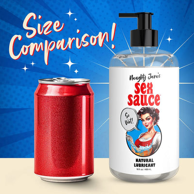 Size comparison image showing a 16oz bottle of Naughty Janes Sex Sauce natural lubricant next to a red soda can.