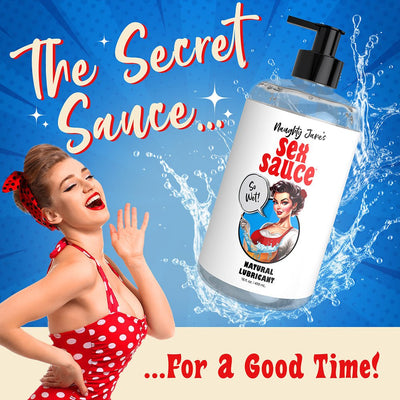 Bottle of Naughty Janes Sex Sauce natural lubricant with retro pin-up woman and splash effect on blue background.