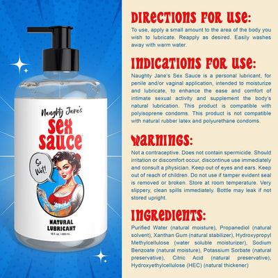 Bottle of Naughty Janes Sex Sauce natural lubricant with usage directions, warnings, and ingredients on a blue and beige background.