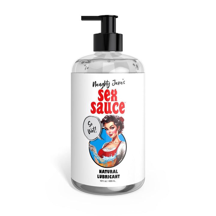 Clear 16oz pump bottle of Naughty Janes Sex Sauce natural water-based lubricant with retro woman illustration on label.