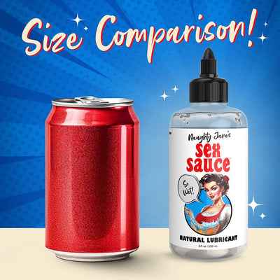 Size comparison image showing Naughty Janes Sex Sauce natural lubricant 8oz bottle next to a red soda can.