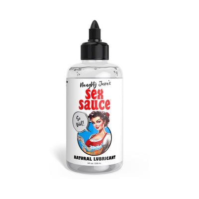 Clear 8oz bottle of Naughty Janes Sex Sauce natural lubricant with retro-style label and black twist cap.