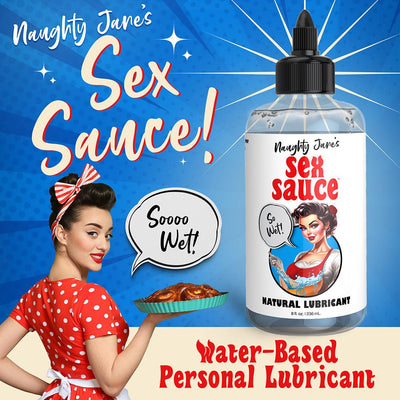 Bottle of Naughty Janes Sex Sauce natural water-based personal lubricant with retro woman holding a pie saying Soooo Wet.
