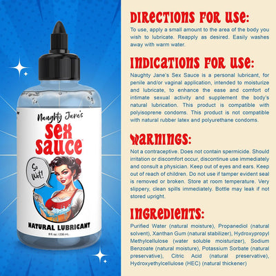 Bottle of Naughty Janes Sex Sauce natural lubricant with usage directions, warnings, and ingredients on a blue and beige background.