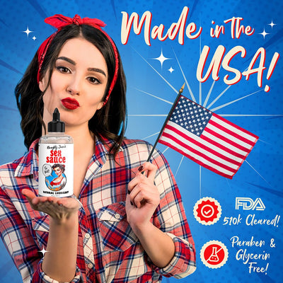 Woman in plaid shirt and red headband holding American flag and bottle of Naughty Janes Sex Sauce natural lubricant with blue background text.