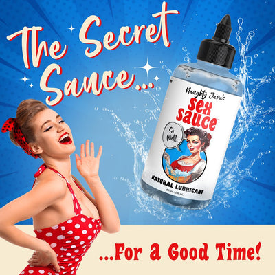 Vintage pin-up style woman in red polka dot dress with Naughty Janes Sex Sauce natural lubricant bottle and splash background.