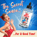 Vintage pin-up style woman in red polka dot dress with Naughty Janes Sex Sauce natural lubricant bottle and splash background.