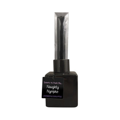 Naughty Nympho lavender and eucalyptus reed diffuser with black square bottle and five black reeds in clear packaging.