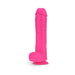 Bright pink 11-inch dual density dildo with suction cup base and realistic texture.