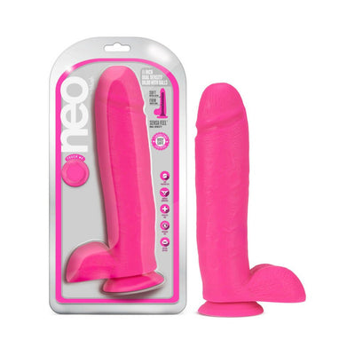 Bright pink 11-inch dual density dildo with suction cup base and realistic texture, shown in and out of packaging.