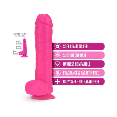Bright pink 11-inch dual density dildo with suction cup base and key features listed alongside.